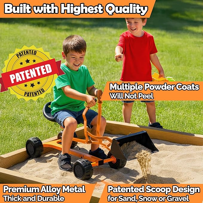 WONKAWOO Sand Digger Backhoe Loader for Kids, 360 Degree Ride On Metal Excavator Bulldozer Digging Toy for Sandbox and Beach, Patented Extra Wide Scoop Bucket