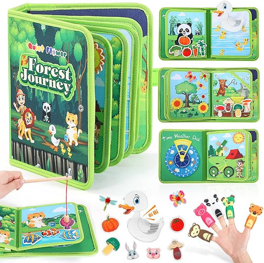 Busy Book for Toddlers 1-3, Montessori Toys Busy Board for 1 Year Old with Fishing Game Finger Puppet Motor Skill, Quiet Airplane Travel Essential Activities 1 2 3 Christmas Birthday Gift Boy Girl