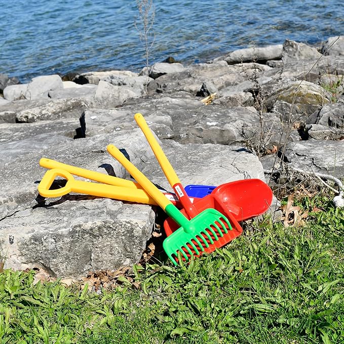 Spielstabil Four Seasons Pack of Sand Toys - Children's & Toddler Outdoor Toys, Long Handled Beach Shovel, Leaf Rake, Flat Snow Shovel & Garden Rake