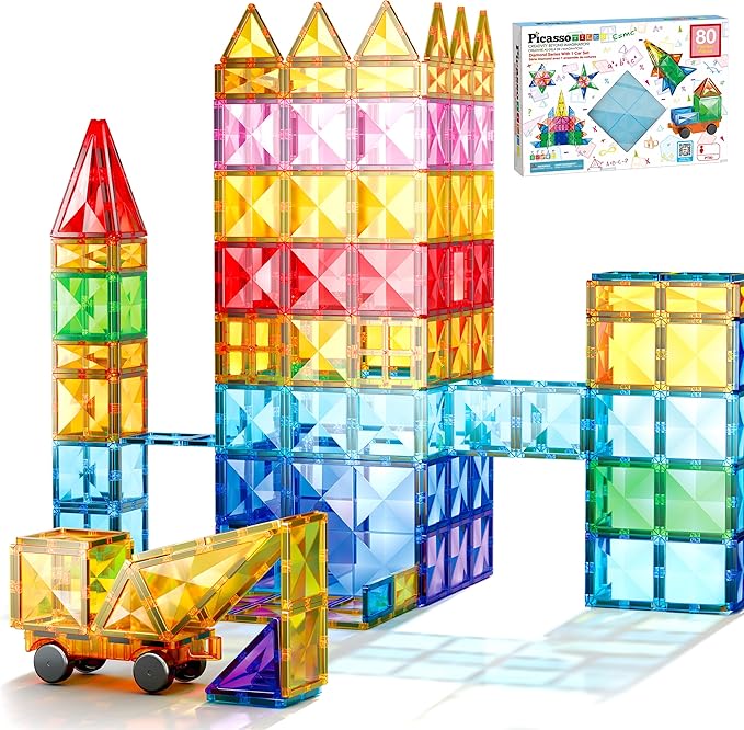 PicassoTiles 80 Pcs Magnetic Building Tiles Magnet Building Block Toys W/Car Diamond Educational Construction Playset Toy for STEM Sensory Gifts Kid Brain Development Stacking Blocks Construction Set
