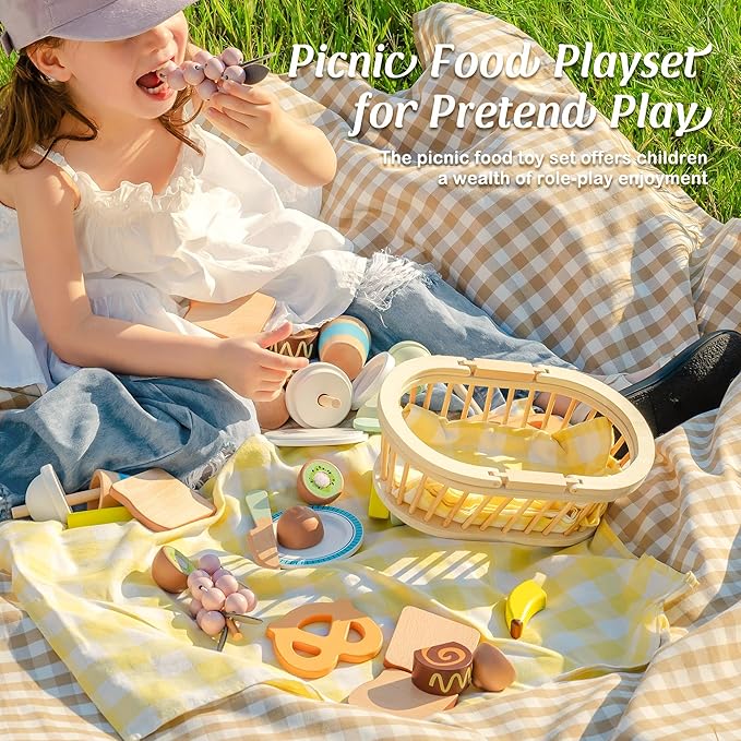 ROBUD Wooden Play Food for Kids, Picnic Cutting Fruit for Toy Kitchen Accessories, Picnic Basket Toy Set with Realistic Play Food, Develop STEM & Make, Montessori Toys for Toddler, WG422