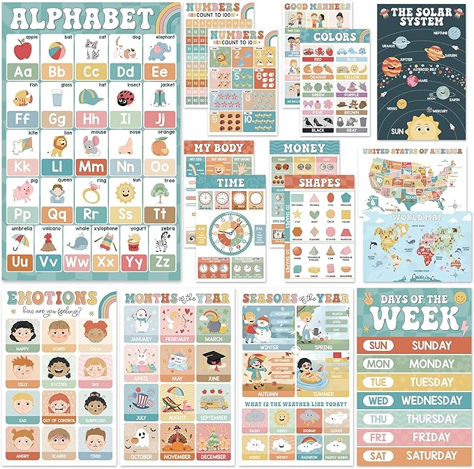 BEAWART 16 Boho Groovy Educational Posters for Preschoolers - Laminated Pre-K and Kindergarten Learning Poster Charts for Toddlers 1-3-5 - Homeschool and Classroom Decor for Kids' Walls