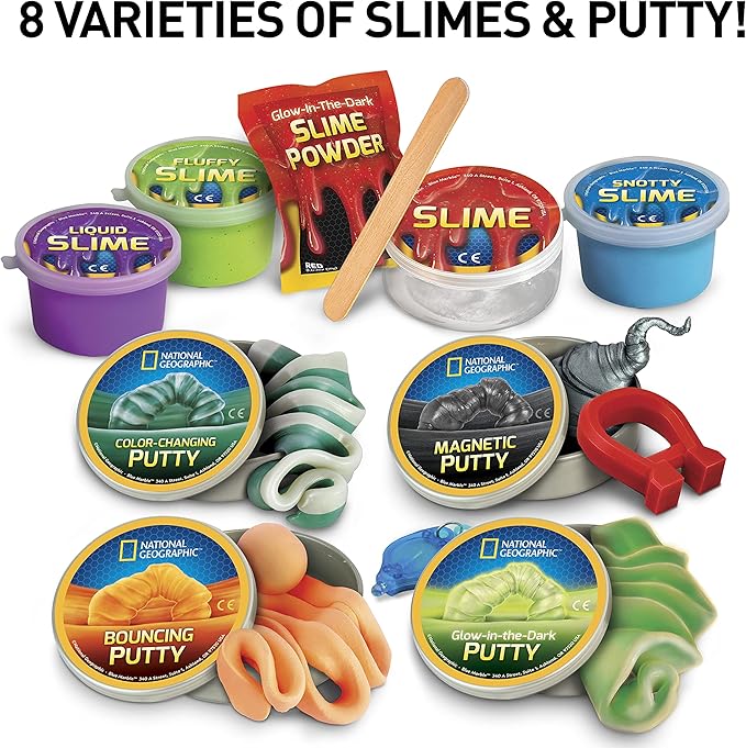 NATIONAL GEOGRAPHIC Mega Slime Kit & Putty Lab - 4 Types of Slime Plus 4 Types of Putty Including Magnetic, Slime Kit for Boys and Girls, Sensory Toy & Science Kit