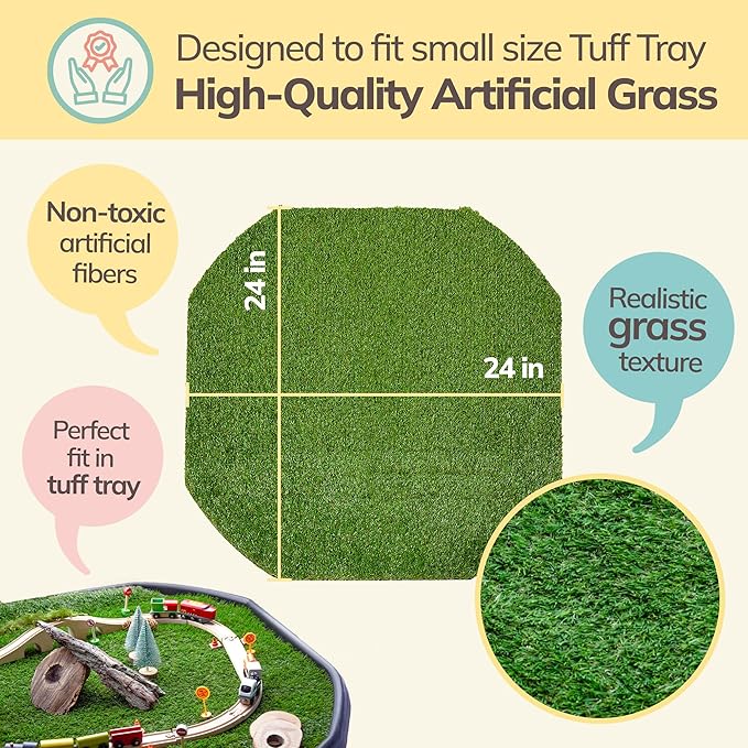 MEKA Small (28"x28") Tuff Tray Black with Artificial Grass Insert Play Mat Bundle, Sensory Tray Plus Stand Set, Sand and Water Table for Toddlers, Outdoor Kids Table and Sensory Table