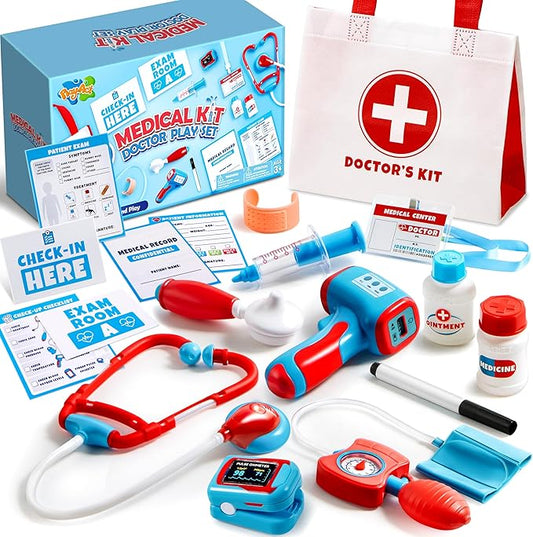Play-Act Kids Doctor Kit, 16-Piece Medical Kit with Bag, Doctor Role Play Set with Realistic Toy Stethoscope, Reusable Record Cards, Dress Up Playset for Toddlers Ages 3+