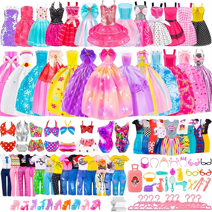 110 Pcs Doll Clothes and Accessories Dress up Toys for Girls with Wedding Dresses, Casual Dresses, Casual Jumpsuit, Swimsuits Bikini, Glasses, Shoes, Hangers, Doll Clothes Toys for Girl Gift
