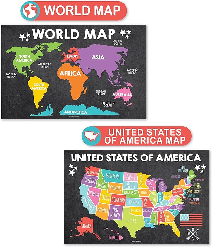 Hadley Designs 4 Alphabet, Map of United States, World Map, & Solar System Posters - Laminated ABC Charts for Toddlers Wall Decor, Chalk Posters for Kindergarten, Prek Classroom or Homeschool 11x17
