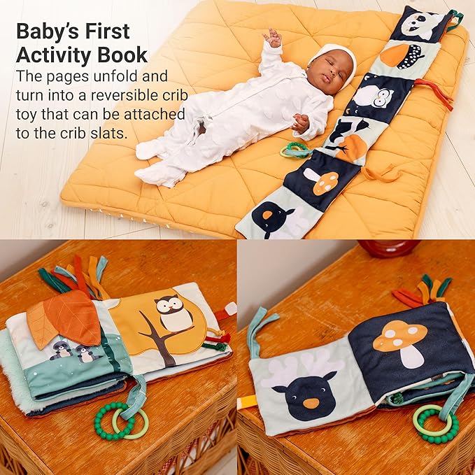 Little Big Friends 2-in-1 Soft Baby Activity Book | Crinkle Cloth Book with Mirror, Teething Ring & Textures | Sensory Toy for Infants | Attaches to Crib, Car Seat or Stroller | Forest Theme