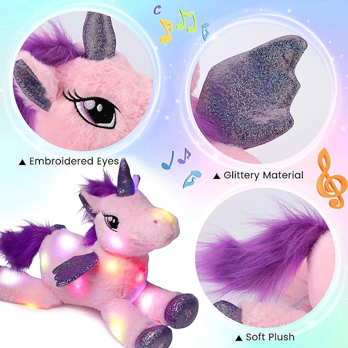 Hopearl LED Musical Stuffed Unicorn Light up Singing Plush Toy Adjustable Volume Lullaby Animated Soothe Birthday Festival for Kids Toddler Girls, Pink, 16''