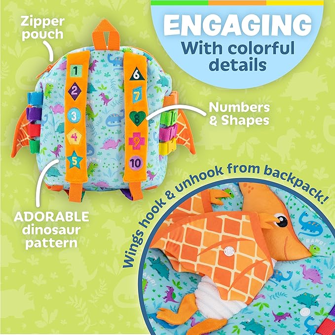 Buckle Toys Breezy Pterodactyl Dinosaur Toddler Backpack with Buckles & Toddler Learning Activities and Sensory Toys for Toddlers 1-3, Travel Essentials Road Trip Activities for Fine Motor Skills