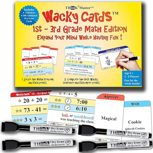 Think2Master Wacky Cards 1st - 3rd Grade. Math Card Game for Families & Classroom. Make Hilarious Sentences While Practicing Math Including Addition, Subtraction & Multiplication. +4 Dry Erase Markers