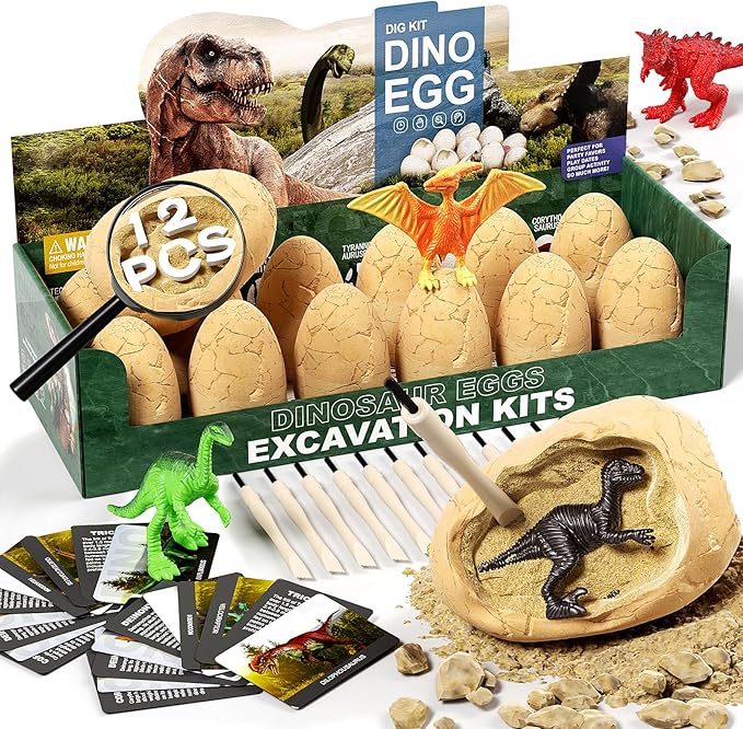 12 Dinosaur Eggs Dig Kit Toys for Kids, Surprise Dinosaur Eggs Excavation Kit with Magnifier, Science STEM Birthday Party Favors Easter Gifts for Boys Girls Age 3 4 5 6 7 8 9 10 + Years Old
