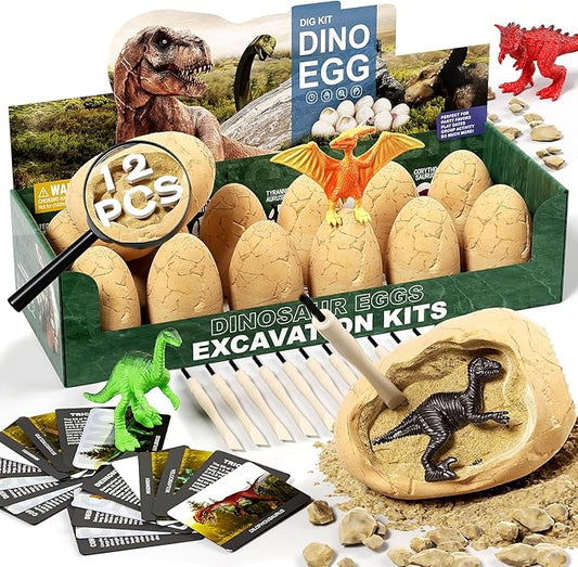 12 Dinosaur Eggs Dig Kit Toys for Kids, Surprise Dinosaur Eggs Excavation Kit with Magnifier, Science STEM Birthday Party Favors Easter Gifts for Boys Girls Age 3 4 5 6 7 8 9 10 + Years Old