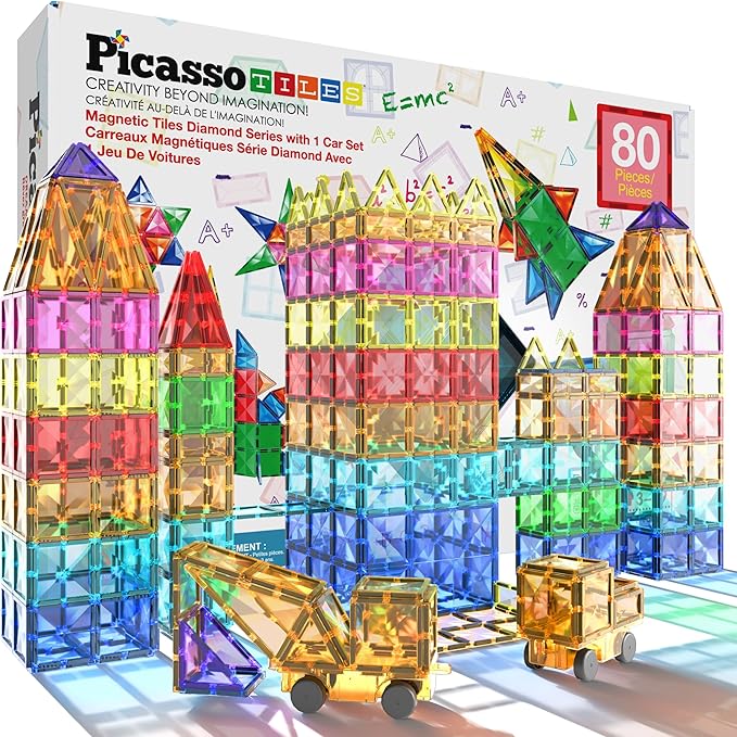 PicassoTiles 80 Pcs Magnetic Building Tiles Magnet Building Block Toys W/Car Diamond Educational Construction Playset Toy for STEM Sensory Gifts Kid Brain Development Stacking Blocks Construction Set