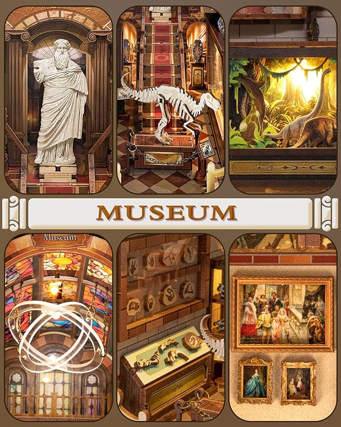 Quanquer DIY Book Nook Kit：DIY Dollhouse Booknook with LED Light - 3D Wooden Puzzle Miniature House Kits - Creative DIY Crafts for Adults - Bookshelf Insert Decor - Gifts Friends Festival(Museum)