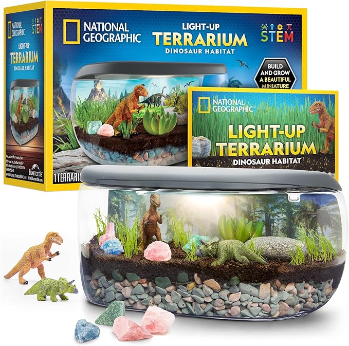 National Geographic Light Up Terrarium Kit for Kids - Build a Dinosaur Habitat with Real Plants & Gemstones, Science Kit, Dinosaur Toys for Kids (Amazon Exclusive)