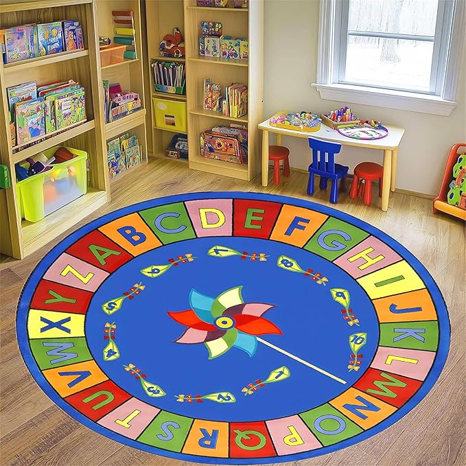 Round Kids Area Rug,3.3ft,ABC Letters and Numbers Early Learning Rug, Colorful Windmill Kite Design Non-Slip Rug for Classroom Playroom, Boys Girls Bedroom Decoration
