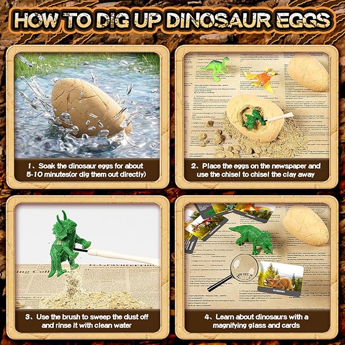 24 Dinosaur Eggs Dig Kit Toys for Kids, Surprise Dinosaur Eggs Excavation Kit with Magnifier, Science STEM Birthday Party Favors Easter Gifts for Boys Girls Age 3 4 5 6 7 8 9 10 + Years Old