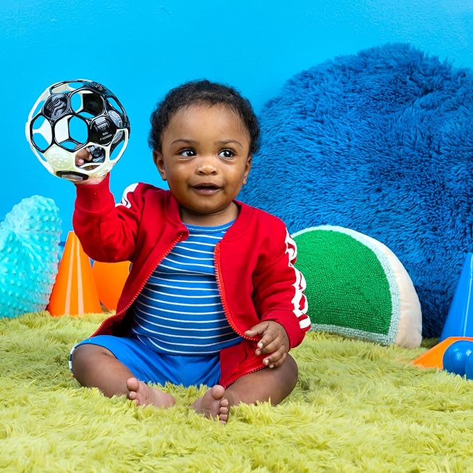 Bright Starts Oball Grippin' Goals Rattle Soccer Ball - Black & White, Easy-Grasp Toy for Newborn and Up