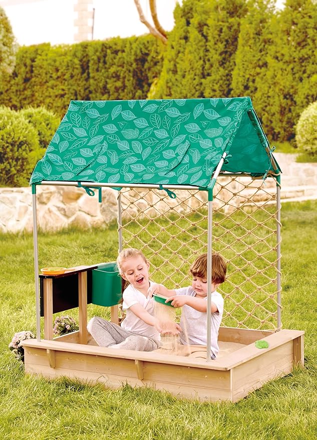 Hape All-in-one Sandbox Cabana Kit | Garden Sand Pit with Waterproof Sunshade, Activity Table, Water Play Station, Roleplay Kitchen and More | Outdoor Sandpit with Garden Toys