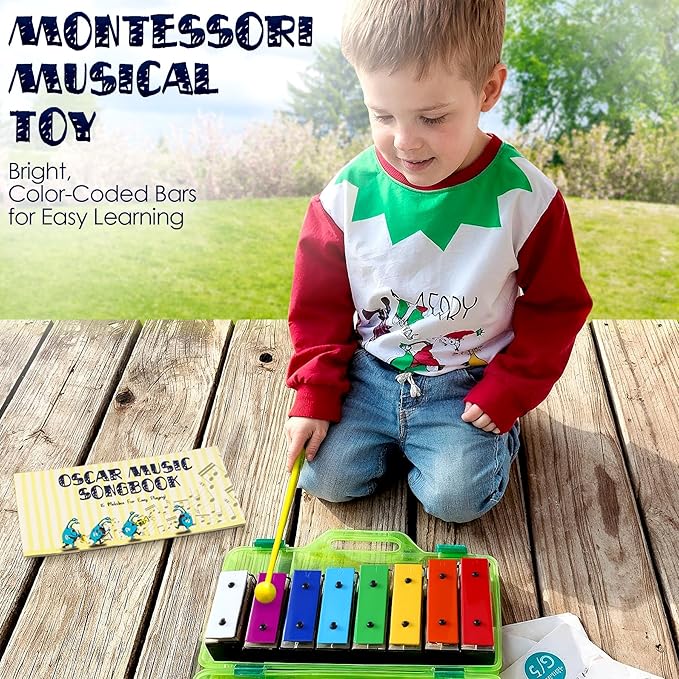 MINIARTIS Glockenspiel Xylophone | Educational Music Toys for Toddlers | 8 Notes Colorful Resonator Bells for Kids with 15 Songbook & Green Case | Great Birthday Gift for Children
