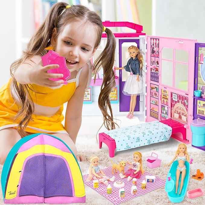 Doll House Portable & Foldable Dollhouse w/ 60+ Pcs & 2 Dolls, Play House Toy with Bedroom Kitchen Pet House Camping Playset, Playhouse Birthday Gift for Girl Kid Toddler