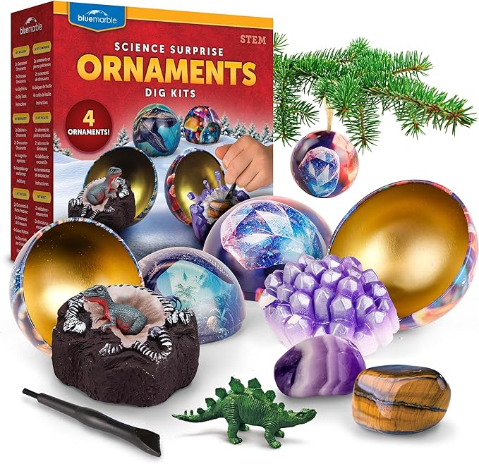Blue Marble Science Surprise Christmas Ornament Kit for Kids- 4 Dig Kit Ornaments with Gemstone and Dinosaur Dig Bricks, Dino Digging Toys for Kids, Gem Excavation Stocking Stuffer for Boys and Girls