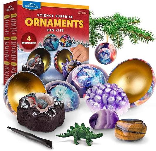 Blue Marble Science Surprise Christmas Ornament Kit for Kids- 4 Dig Kit Ornaments with Gemstone and Dinosaur Dig Bricks, Dino Digging Toys for Kids, Gem Excavation Stocking Stuffer for Boys and Girls