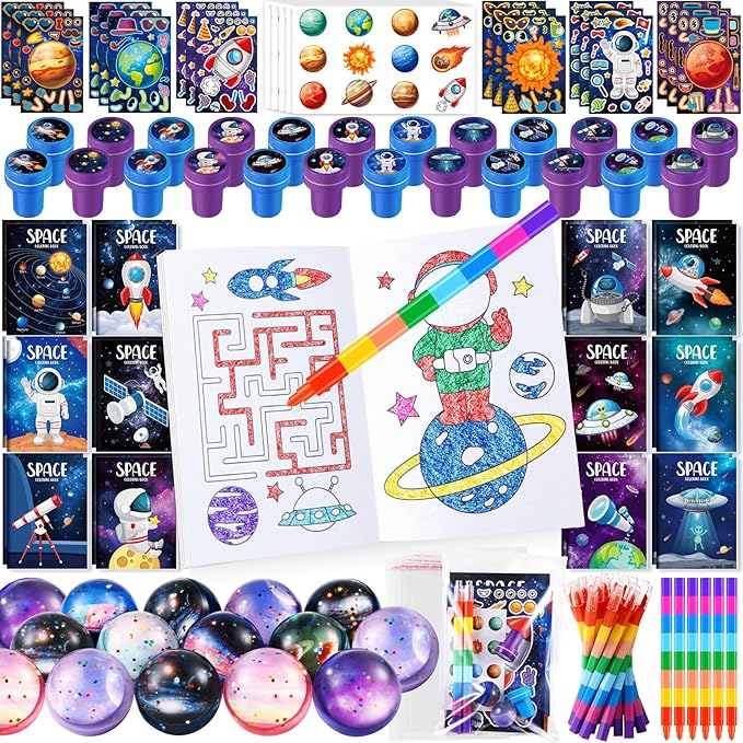 BenLouis 84Pcs Outer Space Themed Party Favors Space Alien Coloring Books Crayons Sticker Stampers Set Bulk Classroom Prizes for Kids Astronaut Planet Birthday Party Goodie Bags Fillers