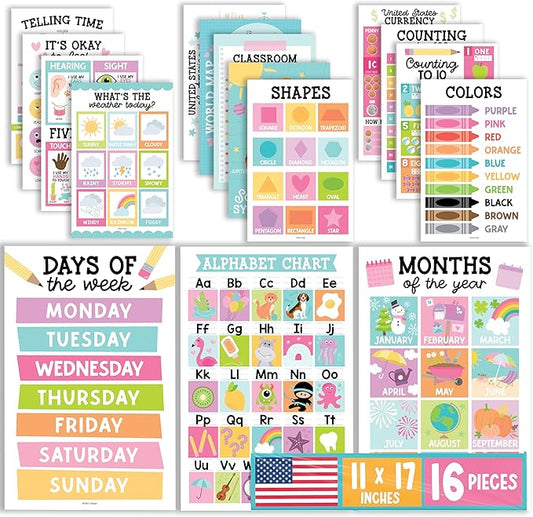 Hadley Designs 16 Educational Posters for Classroom Decor - Pastel Educational Posters for Toddlers 1-3, Toddler Learning Poster for Kids Ages 3-5, Kindergarten & Preschool Classroom Must Haves