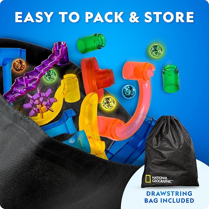 NATIONAL GEOGRAPHIC Glowing Marble Run – Construction Set with 15 Glow in The Dark Glass Marbles & Storage Bag, STEM Gifts for Boys and Girls, Building Project Toy (Amazon Exclusive)