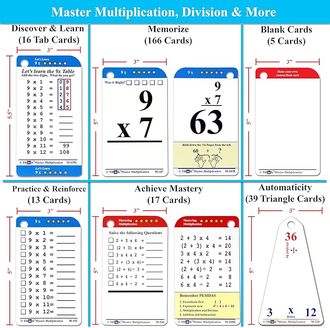 Think2Master Premium 260 Laminated Multiplication & Triangle Division Flash Cards. (All 0-12 X Facts)| Bonus: 2 Dry Erase Markers & 5 Rings. | Designed by A Teacher