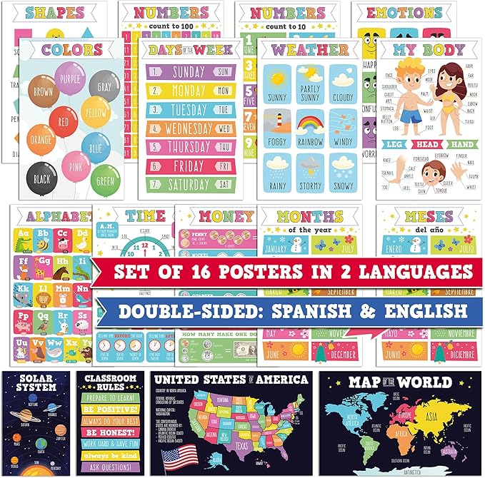 16 Pieces of Educational Posters to Improve Writing in Children, is Laminated, Set of 16 Posters in 2 Languages, Double Size English & Spanish, Works as 32 Posters