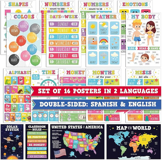 16 Pieces of Educational Posters to Improve Writing in Children, is Laminated, Set of 16 Posters in 2 Languages, Double Size English & Spanish, Works as 32 Posters