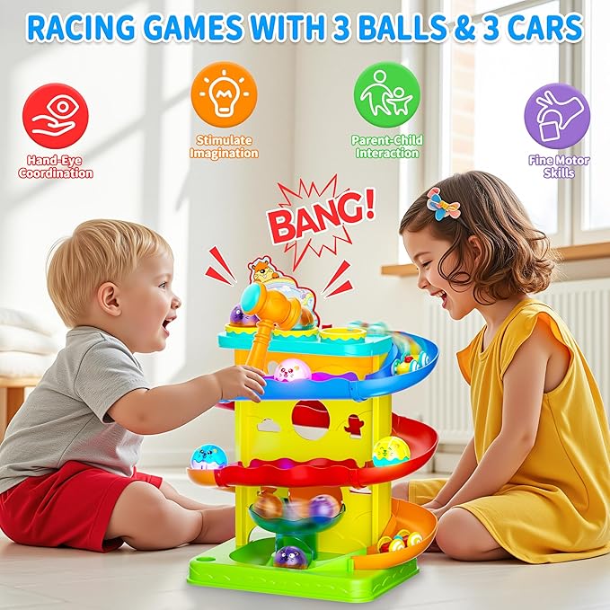 Funwee 2-in-1 Ball & Racing Car Ramp Toy for Toddlers, Race Track Hammer Rolling Lights Ball Drop, Interactive Montessori Learning Game Birthday Gift Idea for Kids 2 3 4 5+Year Old Girl Boy(Yellow)