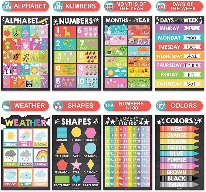 Hadley Designs 16 Educational Posters for Classroom Decor - Chalkboard Educational Posters for Toddlers 1-3, Toddler Learning Poster for Kids Ages 3-5, Kindergarten & Preschool Classroom Must Haves