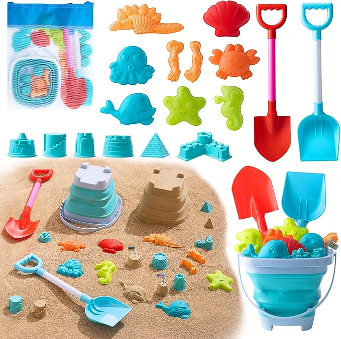 Beach Toys for Kids - Sand Toys Set Includes Collapsible Bucket Shovel and Mesh Bag 19 PCS, Toddlers Sandbox Toys Sandcastle Building Kit (Kids Beach Toy Set)