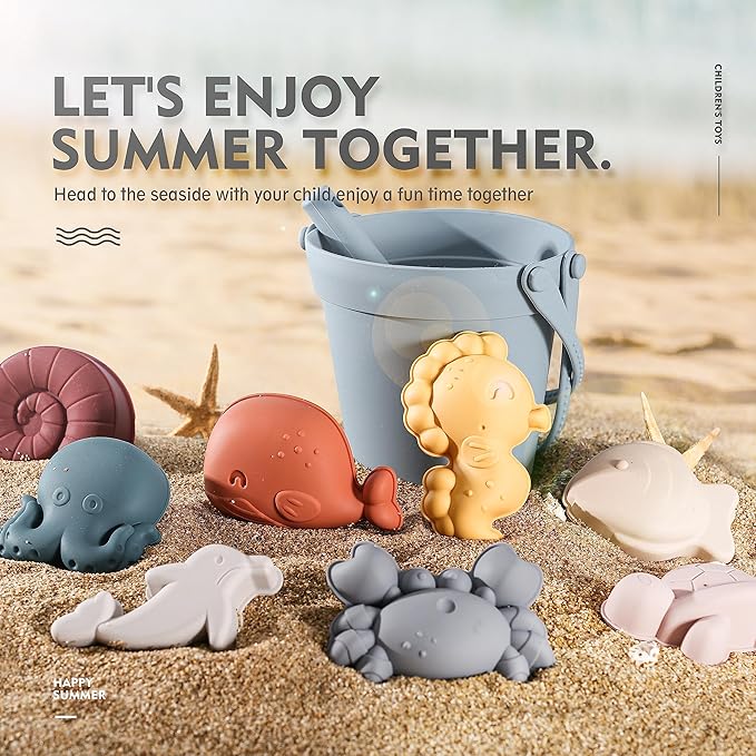 MarcZero 11Pcs Silicone Beach Toys,Modern Baby Beach Toys,Travel Friendly Beach Set,Silicone Bucket, Shovel, 8 Sand Molds, Beach Bag,Silicone Sand Toys for Toddlers, Kids (Blue)