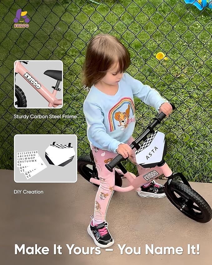 KRIDDO Toddler Balance Bike 2 Year Old, Age 24 Months to 5 Years Old, 12 Inch Push Bicycle with Customize Plate (3 Sets of Stickers Included), Steady Balancing, Gift Bike for 2-3 Boys Girls, Pink