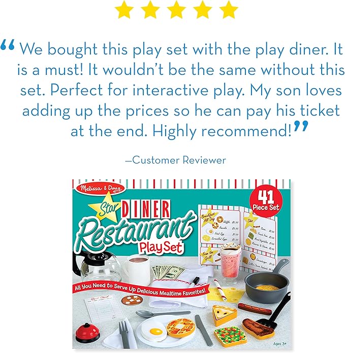 Melissa & Doug Star Diner Restaurant 41-Piece Play Set with Toy Food, Cookware & Play Kitchen Accessories, Preschool Learning Toys for Girls & Boys 3+