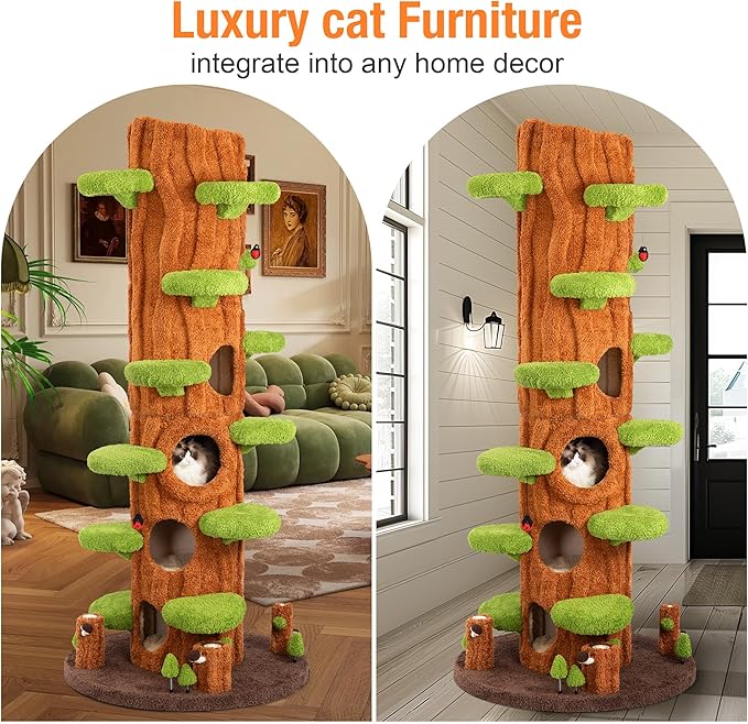 88.6" Extra Large Solid Wood Cat Tree Tower – Multi-Level Indoor Cat Condo with Scratching Posts, Tall Climbing Activity Center for Large Cats