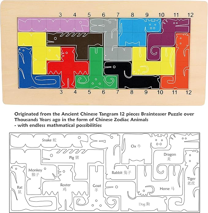 Wooden Pentominoes Puzzle Games - Family Board Games for Kids and Adults- Tangram Geometry Math Pattern Blocks Toys for 6 Years Montessori Learning Toys - Smart IQ Math Brainteaser Puzzle