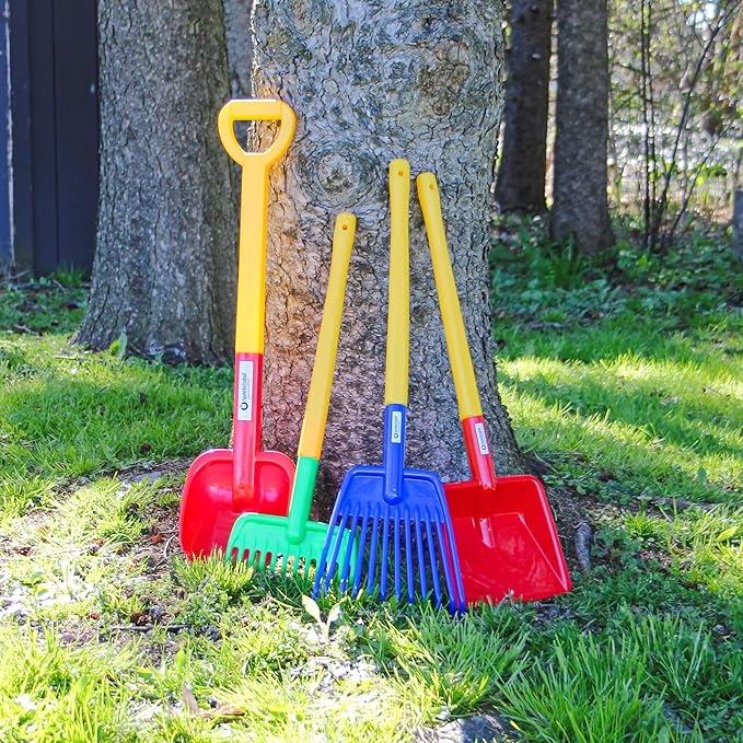 Spielstabil Four Seasons Pack of Sand Toys - Children's & Toddler Outdoor Toys, Long Handled Beach Shovel, Leaf Rake, Flat Snow Shovel & Garden Rake
