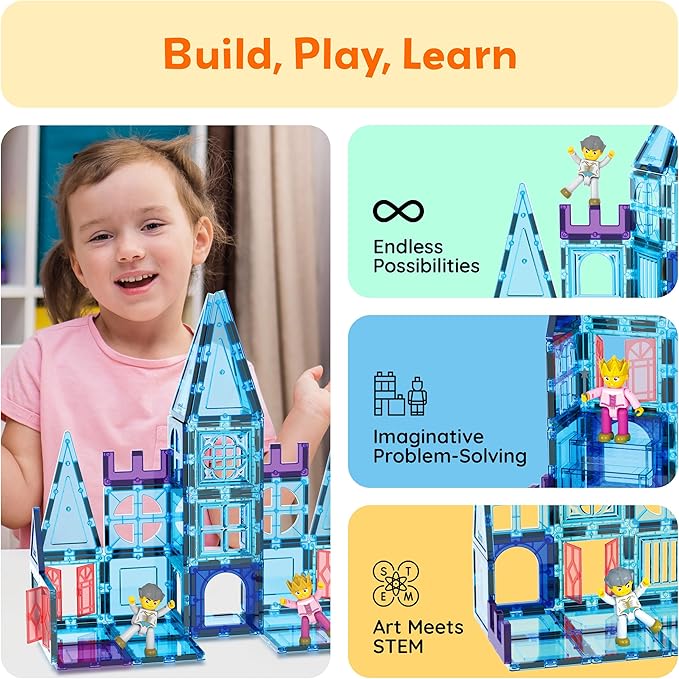 PicassoTiles 72 Piece Magnetic Building Tiles Castle Winter Ice Theme Construction Magnet Block Set with Princess Prince Character Stairs Windows Doors STEM Learning Educational Toy Kids Ages 3+ PT72