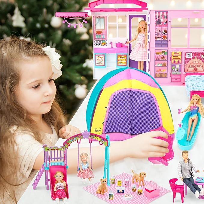 Doll House Portable & Foldable Dollhouse w/ 60+ Pcs & 2 Dolls, Play House Toy with Bedroom Kitchen Furniture Camping Playset, Playhouse Birthday Gift for Girl Kid Toddler