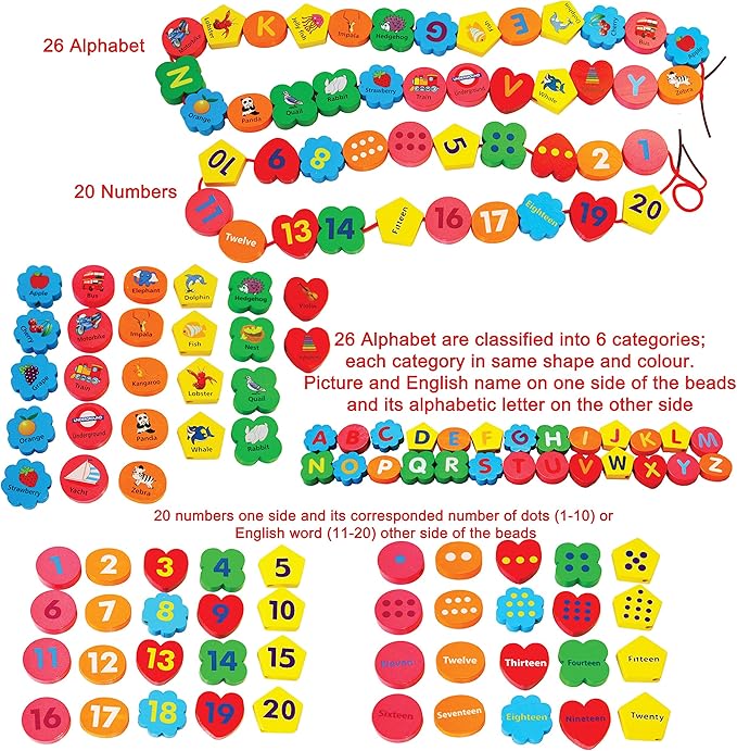 TOWO Wooden Alphabet Number Blocks – Letters ABC Threading Beads Sorting Toy 46 Pieces - Lacing Puzzle- Educational Color Matching Toys for 3 Years Old Fine Motor STEM Montessori Learning
