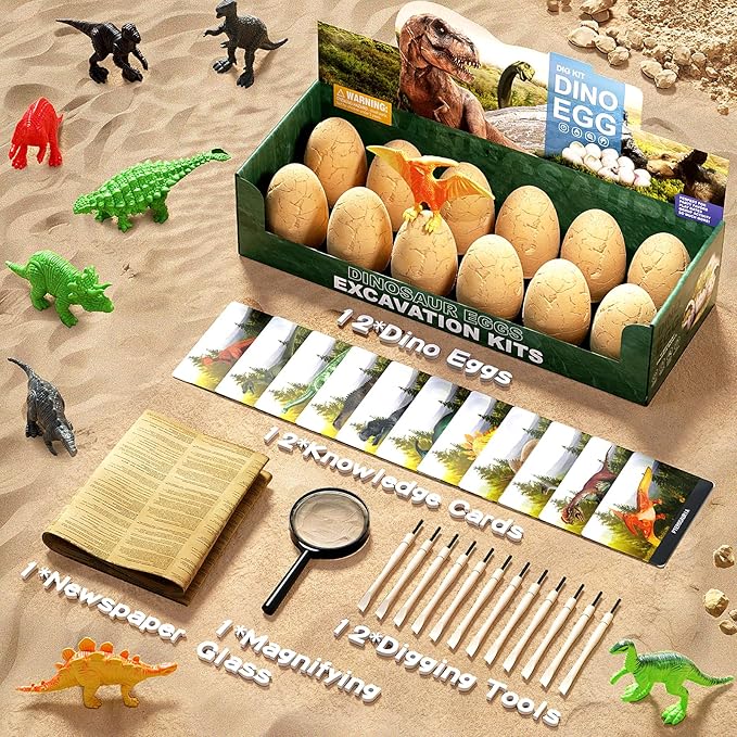 12 Dinosaur Eggs Dig Kit Toys for Kids, Surprise Dinosaur Eggs Excavation Kit with Magnifier, Science STEM Birthday Party Favors Easter Gifts for Boys Girls Age 3 4 5 6 7 8 9 10 + Years Old
