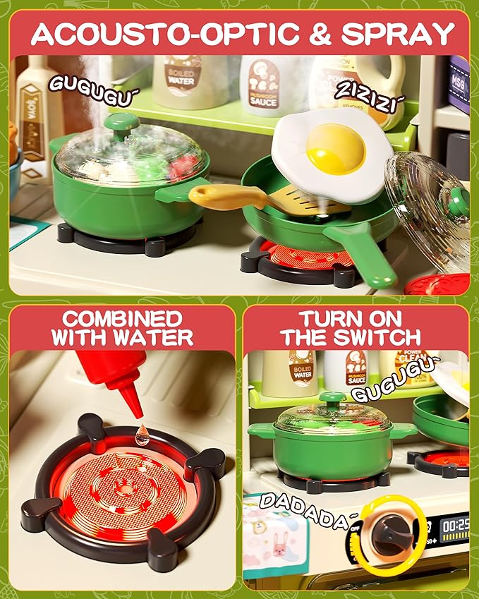 33.8IN Kids Kitchen Playset, 63PCS Kid Play Kitchen with Realistic Lights & Sounds, Spray Sink Toy Kitchen Accessories, Pretend Food Toys Kitchen for Boys Girls Toddlers(Green)