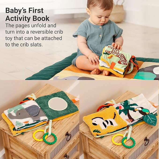 Little Big Friends Soft Crinkle Activity Book for Babies | 2-in-1 Sensory Cloth Book with Mirror, Teething Ring & Textures | Crib Toy for Infants & Toddlers | Attaches Easily | Jungle Theme