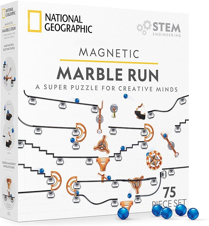 National Geographic Magnetic Marble Run - 75-Piece STEM Building Set for Kids & Adults with Magnetic Track & Trick Pieces & Marbles for Building A Marble Maze, STEM Project